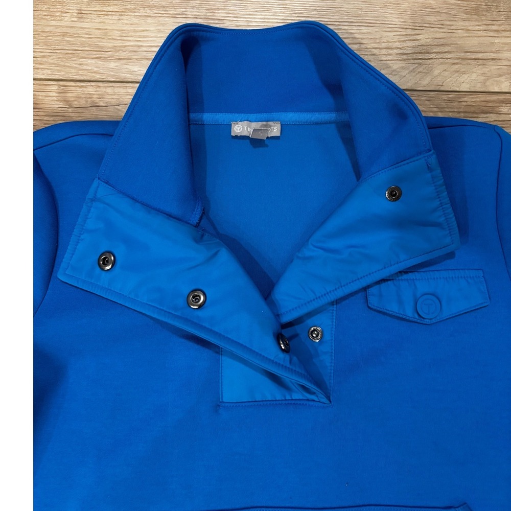 T by Talbots Womens Petite Small Blue Snap Neck Pullover Kangaroo Pocket Jacket - Picture 2 of 7